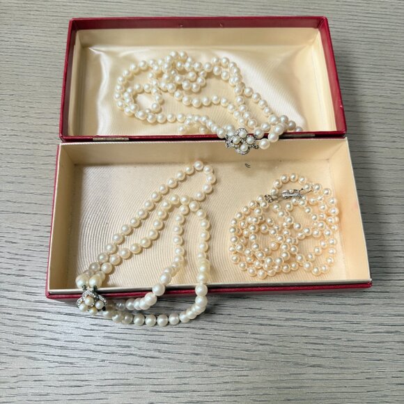 Vintage Jewelry - Vintage Double Strand Faux Pearl Necklaces with Rhinestone Clasp